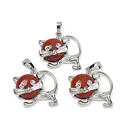 Красный Камень Кулоны с котятами из красной яшмы, милые латунные подвески в форме кошки, платина, долговечный, стойки покрытие, 28.5x30.5x10 мм, отверстие : 8x5 мм