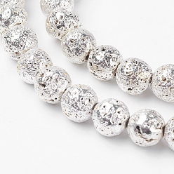 Серебро Гальванические бусины из натуральной лавы, круглые, неровный, серебряные, 8~9 мм, отверстие : 1 мм, около 44 шт / нитка, 14.3 дюйм (36.5 см)
