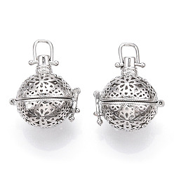 Platine Pendentifs en laiton, cage, pour faire des colliers à pendentif carillon, creux, ronde avec des fleurs, platine, 28x25.5x21mm, trou: 6x5 mm, mesure intérieure: 16.5 mm