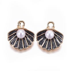 Черный Цинк подвески эмали сплава, с абс пластмассовой имитационной жемчужиной, оболочка, золотой свет, чёрные, 15.5x14.5x6 мм, отверстие : 2 мм