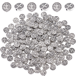 Античное Серебро 150шт. плоские круглые бусины из сплава в тибетском стиле, с Иисусом и латинского креста, на Пасху, античное серебро, 10x2.5 мм, отверстие : 1 мм