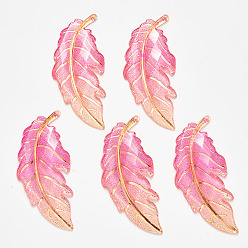 Pink Transparent Acrylic Big Pendants, with Plated Bottom, Leaf, Pink, 61.5x27x4mm, Hole: 1.2mm