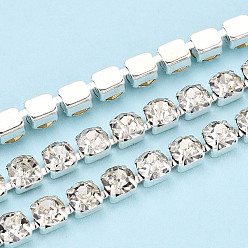 Кристалл Цепочки из стразов, латунь , горный хрусталь чашка цепи, с катушкой, серебряный цвет гальваническим, кристалл, 6 мм, Около 10 ярдов / рулон