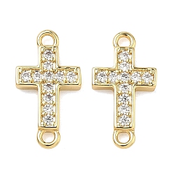 Настоящее золото 18K Латунные микропаве прозрачные подвески с фианитом, крест очарование, долговечный, стойки покрытие, без свинца и без кадмия, реальный 18 k позолоченный, 14.5x8x2 мм, отверстие : 1.4 мм