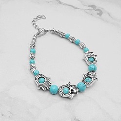 Hamsa Hand Браслеты из синтетических бирюзовых бусин, с шарики из нержавеющей стали, хамса рука, нет размера