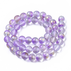 Medium Purple Frosted Spray Painted Glass Beads Strands, with Golden Foil, Round, Medium Purple, 8~9mm, Hole: 1.2~1.5mm, about 46~56pcs/Strand, 14.37 inch~16.3 inch(36.5~41.4cm)