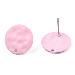 Pink Spray Painted Iron Stud Earring Findings, with Hole, Flat Round, Pink, 14mm, Hole: 1.4mm, Pin: 0.7mm