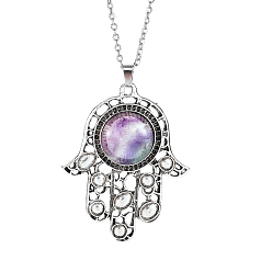 Amethyst Natural Amethyst Pendant Necklaces, Stainless Ssteel Cable Chains, Hamsa Hand, 19.69 inch(50cm)