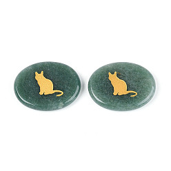 Зеленый Авантюрин Естественный зеленый авантюрин кабошонов, овальный с выгравированным золотым узором в виде кошки, 44~45.5x34~36x6~7.5 мм