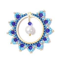 Синий Подвески-солнца из стеклянных бусин, с латунными соединительными подвесками и бусинами из ракушек и стекла, синие, 36.5x43x8 мм, отверстие : 1.2 мм