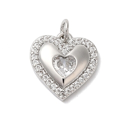 Платина Подвески из латуни с покрытием из прозрачного кубического циркония, с целью перехода в кольце, долговечный, без свинца и без кадмия, сердце, платина, 18x15x3 мм, отверстие : 3 мм