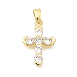 Настоящее золото 18K Латунные прозрачные кубические циркониевые подвески, крест прелести, долговечный, реальный 18 k позолоченный, 13x12x3 мм, отверстие : 5x3 мм
