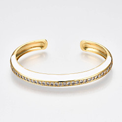 Creamy White Brass Micro Pave Clear Cubic Zirconia Cuff Bangles, with Enamel, Nickel Free, Real 16K Gold Plated, Creamy White, Inner Diameter: 2-3/8 x1-7/8 inch(5.9x4.7cm)
