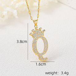 Letter Q Хип-хоп латунные микропаве кубические цирконии корона инициал подвеска ожерелья, 304 ожерелья из нержавеющей стали с цепочкой для женщин, золотые, Буква Q, 15.75 дюйм (40 см)