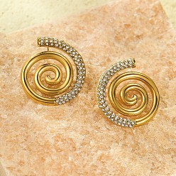 Золотой Вихревая спираль 304 серьги-гвоздики из нержавеющей стали для женщин, со стразами, золотые, 31x28 мм