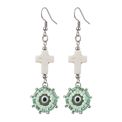 Зеленый Стекло бисер мотаться серьги, с бусинкой лэмпворк от сглаза и 304 крючками для сережек из нержавеющей стали, зелёные, 70x19 мм