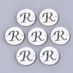 Letter R Natural Freshwater Shell Links Connectors, Flat Round with Letter, Letter.R, 14.5x1.5mm, Hole: 0.9mm