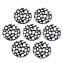 Black 3D Printed Acrylic Pendants, Flat Round with Wave Point Pattern, Black and White, Black, 27.5x2.5mm, Hole: 1.6mm