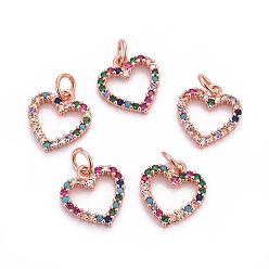Розовое Золото Латунные микро проложить кубического циркония прелести, с прыжковых колец, сердце, красочный, розовое золото , 13x12.5x2 мм, отверстие : 3 мм