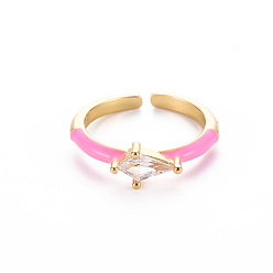 Pearl Pink Brass Enamel Cuff Rings, Open Rings, Solitaire Rings, with Clear Cubic Zirconia, Nickel Free, Rhombus, Golden, Pearl Pink, US Size 7(17.3mm)