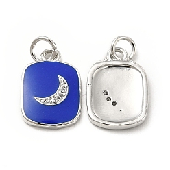 Blue Brass Micro Pave Cubic Zirconia Pendants, with Enamel & Jump Ring, Rectangle with Moon Charm, Platinum, Blue, 16x11x2mm, Hole: 2.5mm