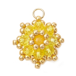 Желтый Подвески из окрашенного натурального малазийского нефрита и гальванически покрытых стеклянных бусин., Подвески в виде подсолнухов с 304 соединительными кольцами из нержавеющей стали, золотые, желтые, 17x17x9 мм, отверстие : 3 мм