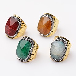 Mixed Color Brass Natural Agate Cuff Finger Rings, with Polymer Clay Rhinestone, Size 9, Golden, Mixed Color, 19mm