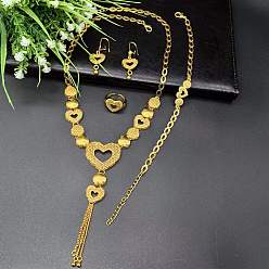 Сердце Комплекты из латунных браслетов, серег, ожерелий и колец, золотые, сердце, ожерелья: 17.72 дюйм(450мм); браслеты: 210мм; серьги: 4x2мм; кольца: регулируемые
