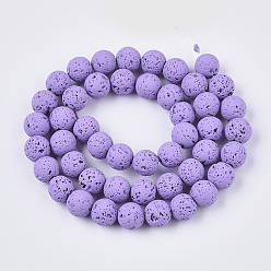 Dark Orchid Spray Painted Natural Lava Rock Beads Strands, Round, Dark Orchid, 6~7mm, Hole: 0.7mm, about 59~62pcs/Strand, 15.75 inch(40cm)