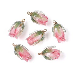 Ярко-Розовый Прозрачные акриловые подвески, цветок, с латунной найти, ярко-розовый, 20x12~13x12~13 мм, отверстие : 1.6 мм