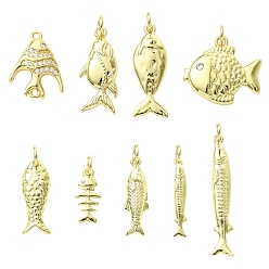 Золотой 9 шт 9 стили латунные подвески, с кубического циркония, рыбы прелести, с целью перехода в кольце, золотые, 13.5~33x3.5~19.5x1.5~4 мм, отверстие : 1.2~3.2 мм, 1 шт / стиль