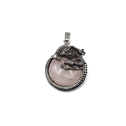 Rose Quartz Natural Rose Quartz Pendants, with Antique Silver Alloy Finding, Flat Round with Skull Charms, 40x35mm