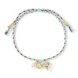 Голубой Браслеты с подвесками из латуни и искусственного жемчуга, регулируемые плетеные браслеты из хлопкового шнура для женщин, Сердце & плоские круглые, голубой, внутренний диаметр: 11 дюйм (28 см)