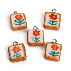 Red Handmade Porcelain with Brass Pendants, Square with Flower Charms, Hand Painted, Famille Rose Porcelain, Golden, Red, 21.5~22.5x17.5~18x7.5mm, Hole: 2.5mm