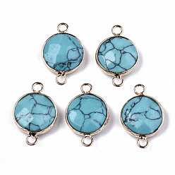 Синтетическая Бирюза Соединители звеньев синтетической бирюзы, с легкой позолоченной латунной фурнитурой, граненые, плоско-круглые, 23~24x15~15x5~6 мм, отверстие : 2 мм