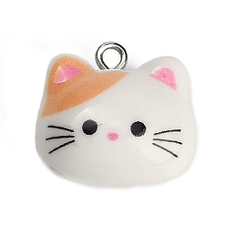 White Printed Opaque Resin Pendants, Cat Charm, with Platinum Iron Loop, White, 18.5x18.5x10.5mm, Hole: 2mm