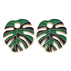 Морско-зеленый Стойки обшивки сплава эмали подвески, без кадмия, без никеля и без свинца, лист монстры, золотой свет, цвета морской волны, 33.5x30x1.5 мм, отверстие : 5 мм