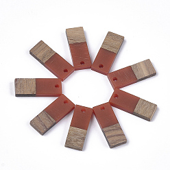 Sienna Resin & Walnut Wood Pendants, Rectangle, Sienna, 23x9x3.5mm, Hole: 1.8mm