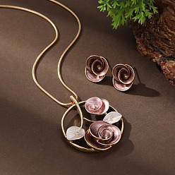 Розово-Коричневый Комплекты из ожерелий и серег-гвоздиков из сплава эмали для женщин, цветок, розово-коричневый, Ожерелье: 420 mm