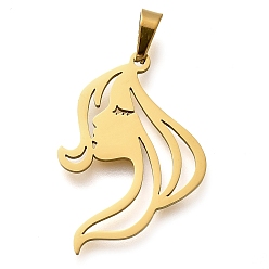 Настоящее золото 18K 304 подвески из нержавеющей стали, очарование лица девушки, лазерная резка, ионное покрытие (ip), реальный 18 k позолоченный, 29x19.5x1 мм, отверстие : 3x6 мм