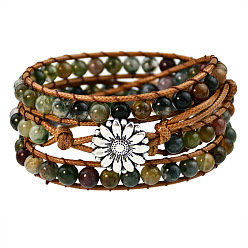 Ágata India Pulseras ajustables de aleación con forma de flor y cuentas redondas de ágata india natural para mujer., plata antigua, 21.26 pulgada (54 cm)