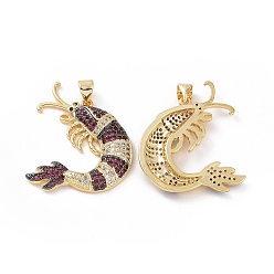 Светло-Вишневый Латунные микропаве прозрачные подвески с фианитом, без кадмия и без свинца, креветка, светло-вишневый, 28x26.5x4 мм, отверстие : 3.5x5 мм