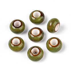 Цвет Оливы Фарфоровые бусины ручной работы, фантазии античного стекла фарфора, бусины с большим отверстием, рондель, оливковый, 15x8 мм, отверстие : 6 мм