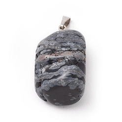 Obsidiana Copo de Nieve Copo de nieve colgantes naturales de obsidiana, con fornituras de latón de tono platino, pepitas, 23~30x13~22x12~20 mm, agujero: 5x3 mm