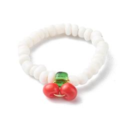 White Glass Seed Beaded Finger Rings, with Eco-Friendly Copper Wire, Cherry, White, US Size 6 1/2(16.9mm)