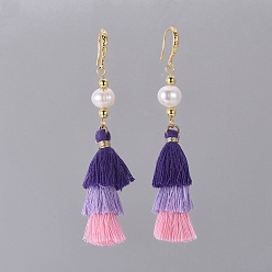 Purple Polycotton Tassel Dangle Earrings, with Natural Cultured Freshwater Pearl Beads and  Brass Earring Hooks, Golden, Purple, 74~75mm, pin: 0.7x1mm