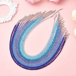 Светло-Голубой 3Ожерелья-чокеры из стеклянного бисера с градиентным цветом, размер мм, для женщин, платина, Небесно-голубой, 14.76~14.96 дюйм (37.5~38 см), 15 шт / комплект