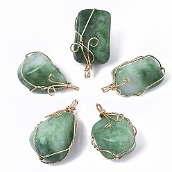 Medium Sea Green Dyed Natural White Jade Wire Wrapped Pendants, with Light Gold Plated Iron Wire, Nuggets, Medium Sea Green, 37~50x25~30x19~25mm, Hole: 3mm