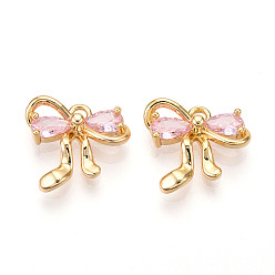 Pink Латунные микро проложить кубического циркония прелести, бантом, реальный 18 k позолоченный, розовые, 12x13x3.5 мм, отверстие : 1.4 мм