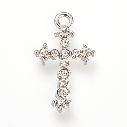 Platinum Alloy Rhinestones Pendants, Cross, Platinum, 26x15x3mm, Hole: 2mm